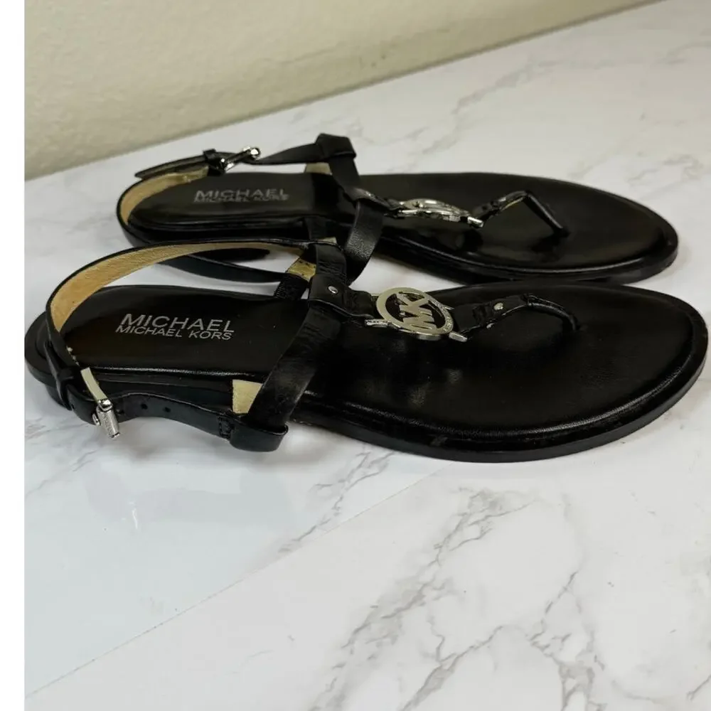 Michael Kors Sondra‎ Thong Sandals Black Leather Sandal Silver Accent Size 7